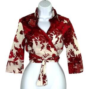 Hache 4 Red Floral Cropped True Wrap Top Deep V Collared Tie Front
